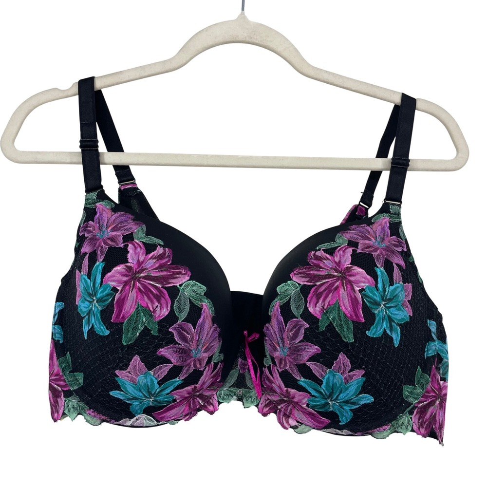 Torrid Women 40D Push-Up Bra Black Floral Embroidered Underwire Padded‎ Lingerie